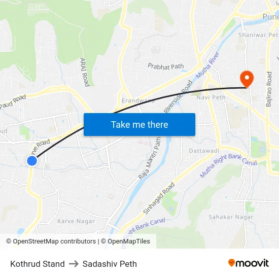 Kothrud Stand to Sadashiv Peth map