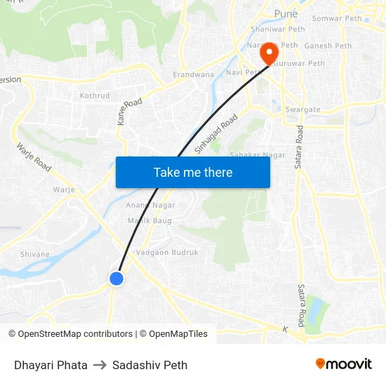 Dhayari Phata to Sadashiv Peth map