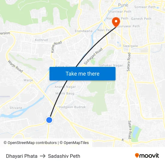 Dhayari Phata to Sadashiv Peth map