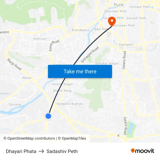 Dhayari Phata to Sadashiv Peth map