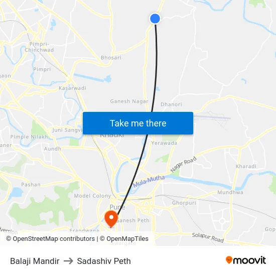 Balaji Mandir to Sadashiv Peth map