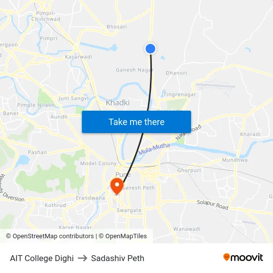 AIT College Dighi to Sadashiv Peth map