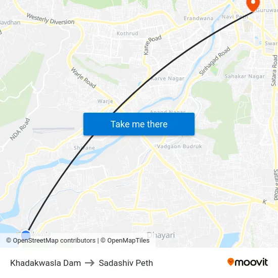 Khadakwasla Dam to Sadashiv Peth map