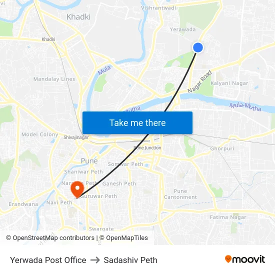 Yerwada Post Office to Sadashiv Peth map