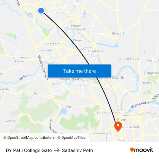 DY Patil College Gate to Sadashiv Peth map