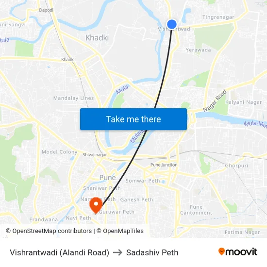 Vishrantwadi (Alandi Road) to Sadashiv Peth map
