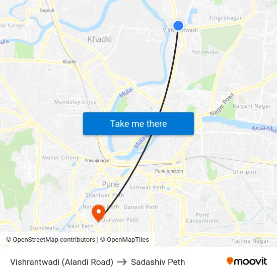 Vishrantwadi (Alandi Road) to Sadashiv Peth map