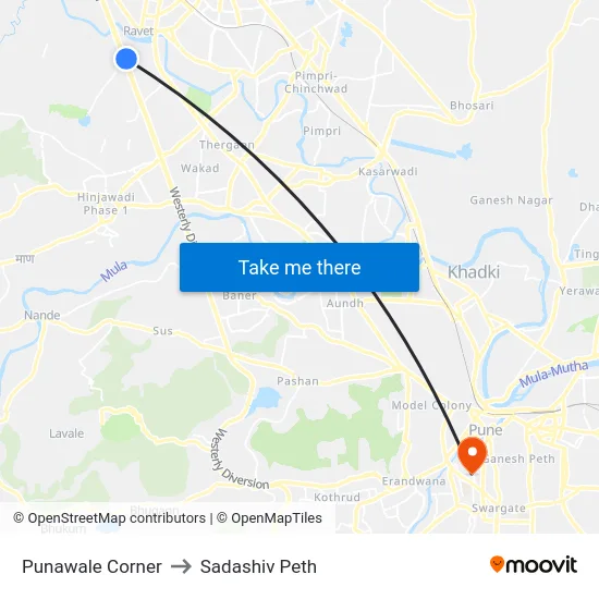 Punawale Corner to Sadashiv Peth map