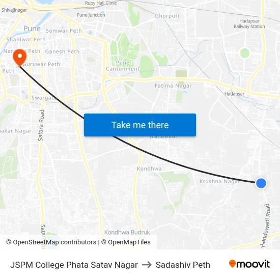 JSPM College Phata Satav Nagar to Sadashiv Peth map