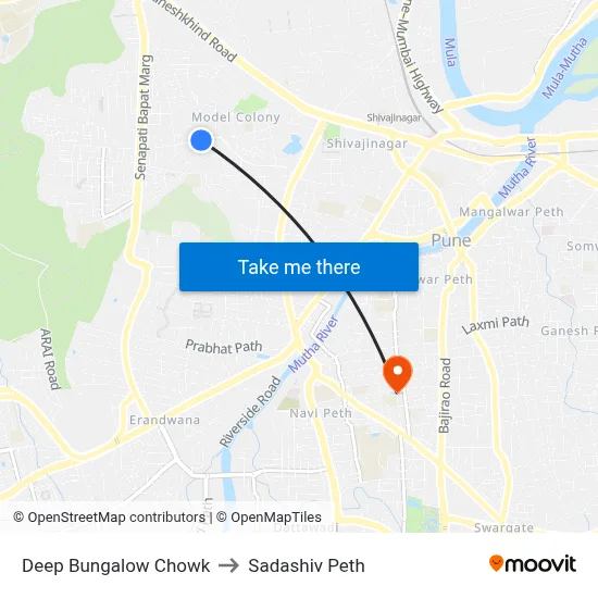 Deep Bungalow Chowk to Sadashiv Peth map