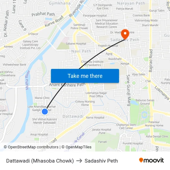 Dattawadi (Mhasoba Chowk) to Sadashiv Peth map