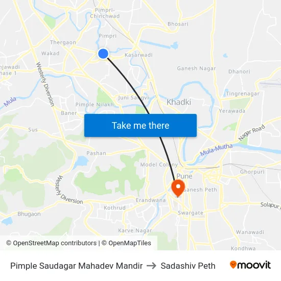 Pimple Saudagar Mahadev Mandir to Sadashiv Peth map