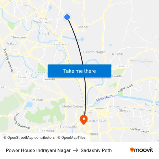 Power House Indrayani Nagar to Sadashiv Peth map