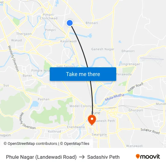 Phule Nagar (Landewadi Road) to Sadashiv Peth map