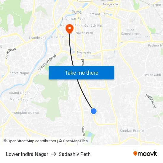 Lower Indira Nagar to Sadashiv Peth map