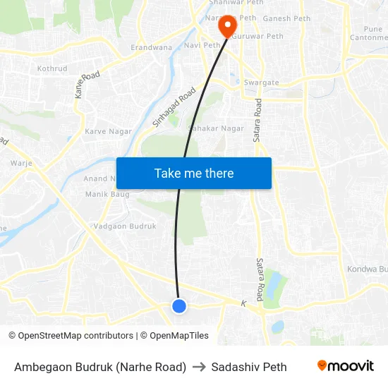 Ambegaon Budruk (Narhe Road) to Sadashiv Peth map