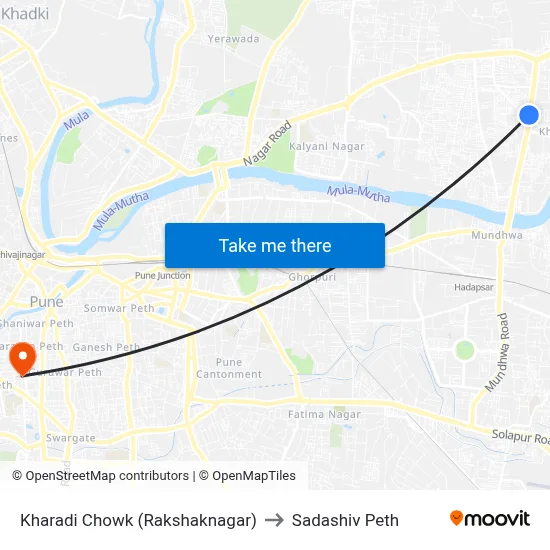 Kharadi Chowk (Rakshaknagar) to Sadashiv Peth map