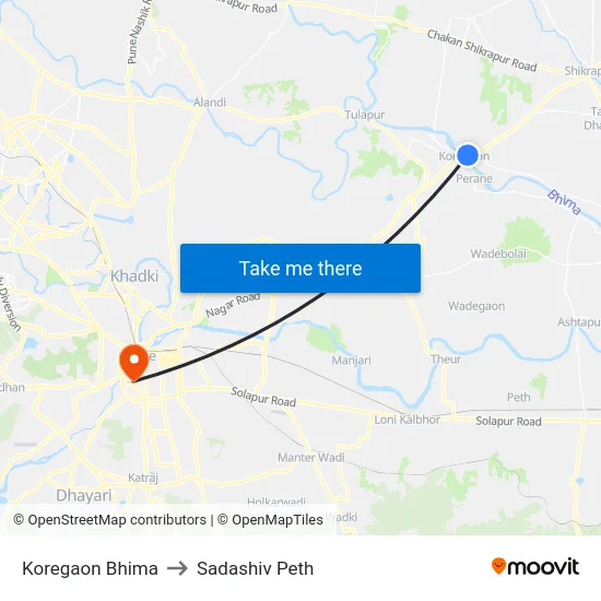 Koregaon Bhima to Sadashiv Peth map