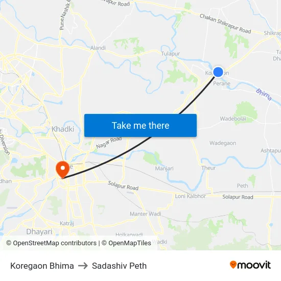 Koregaon Bhima to Sadashiv Peth map