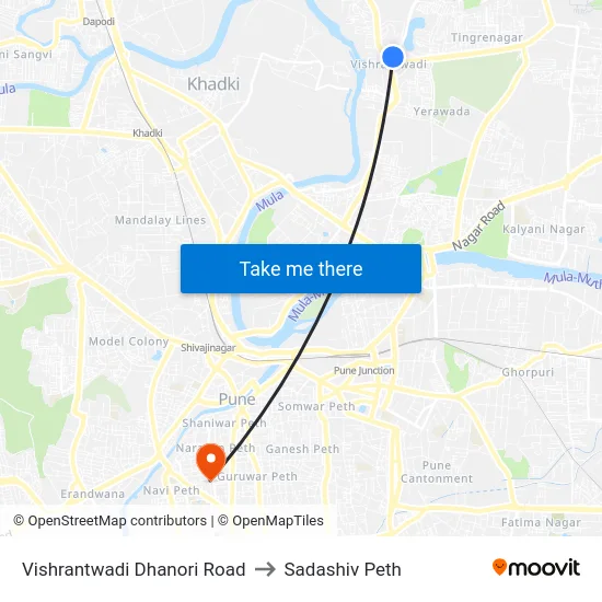 Vishrantwadi Dhanori Road to Sadashiv Peth map