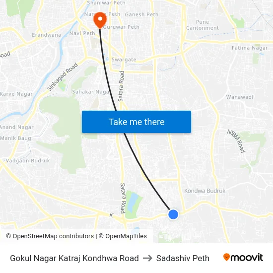 Gokul Nagar Katraj Kondhwa Road to Sadashiv Peth map