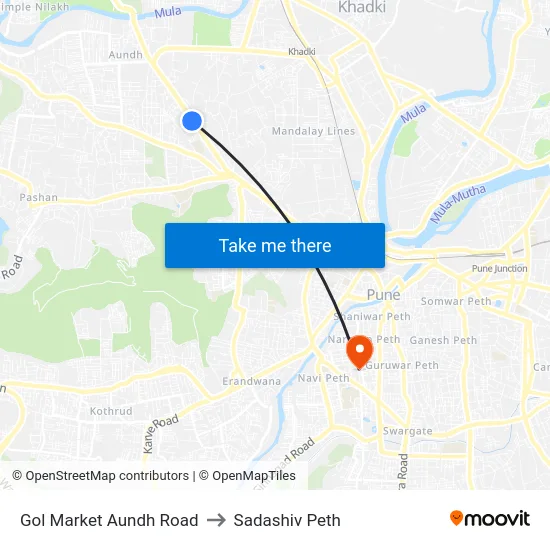 Gol Market Aundh Road to Sadashiv Peth map