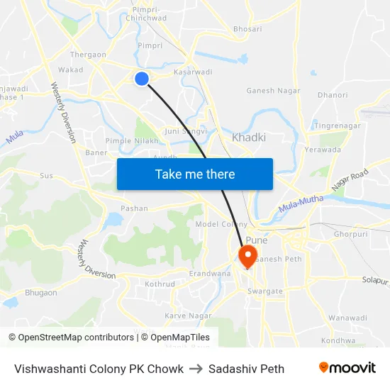 Vishwashanti Colony PK Chowk to Sadashiv Peth map