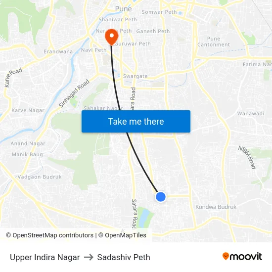 Upper Indira Nagar to Sadashiv Peth map