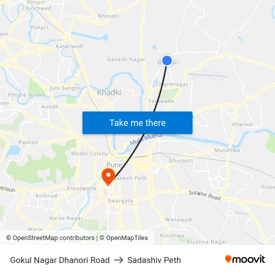 Gokul Nagar Dhanori Road to Sadashiv Peth map