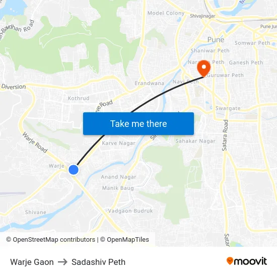 Warje Gaon to Sadashiv Peth map