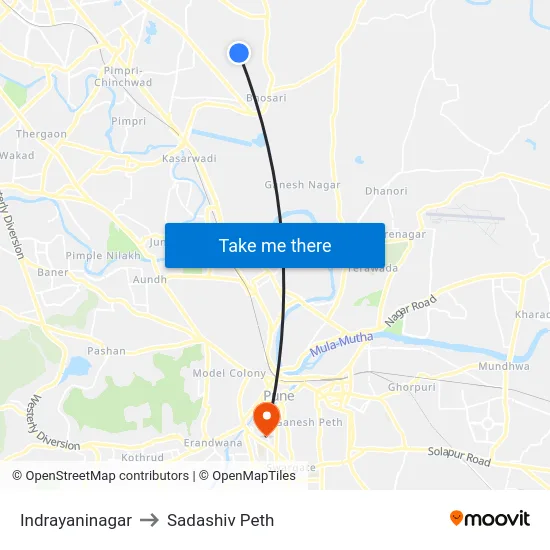 Indrayaninagar to Sadashiv Peth map