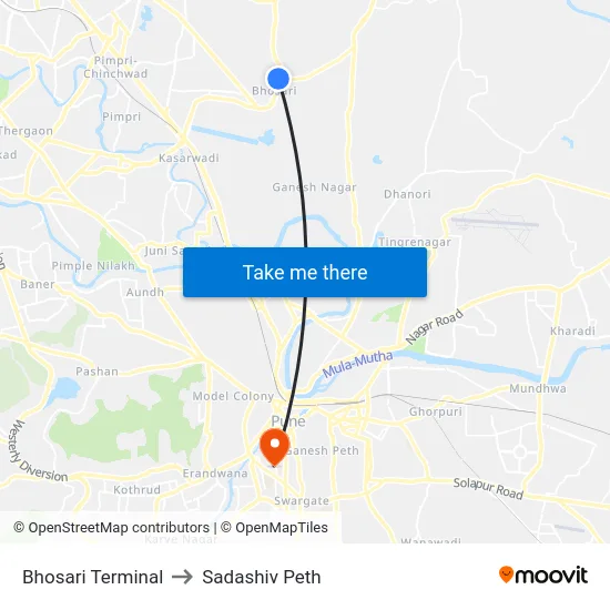 Bhosari Terminal to Sadashiv Peth map