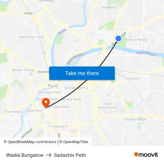 Wadia Bungalow to Sadashiv Peth map