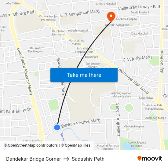 Dandekar Bridge Corner to Sadashiv Peth map