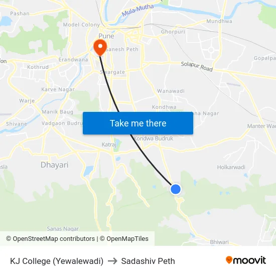 KJ College (Yewalewadi) to Sadashiv Peth map