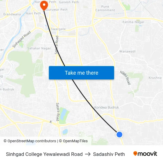 Sinhgad College Yewalewadi Road to Sadashiv Peth map
