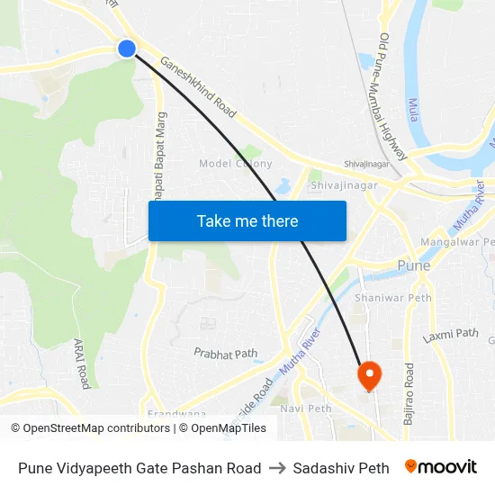 Pune Vidyapeeth Gate Pashan Road to Sadashiv Peth map