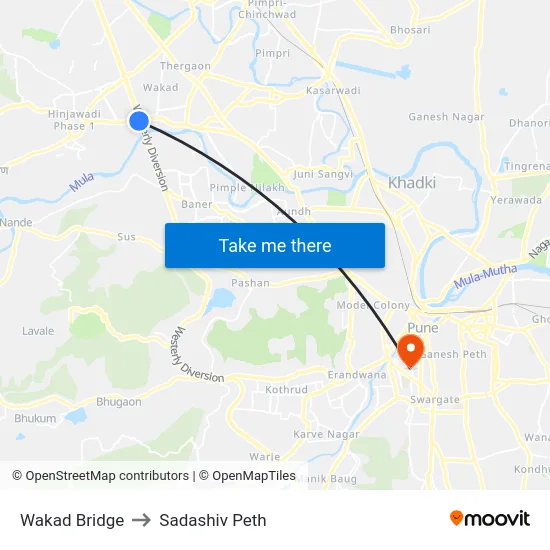 Wakad Bridge to Sadashiv Peth map