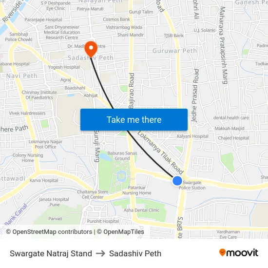 Swargate Natraj Stand to Sadashiv Peth map
