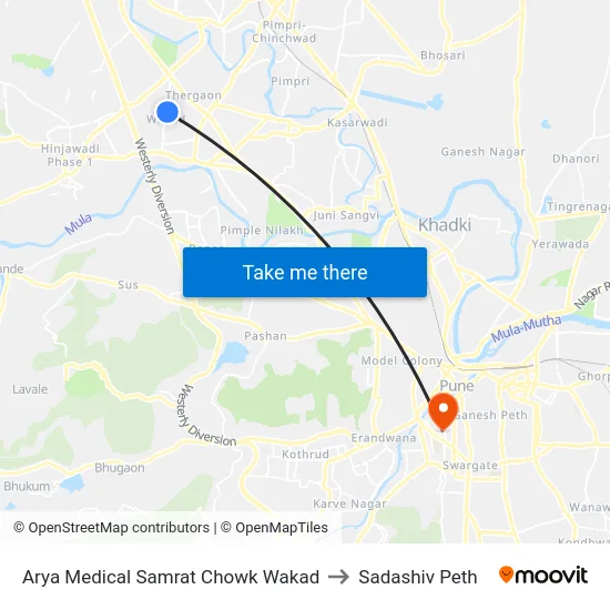 Arya Medical Samrat Chowk Wakad to Sadashiv Peth map
