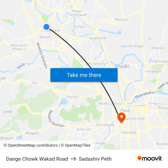Dange Chowk Wakad Road to Sadashiv Peth map