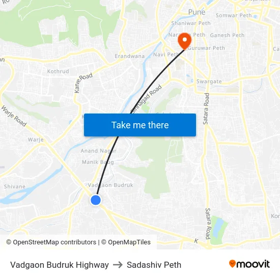 Vadgaon Budruk Highway to Sadashiv Peth map