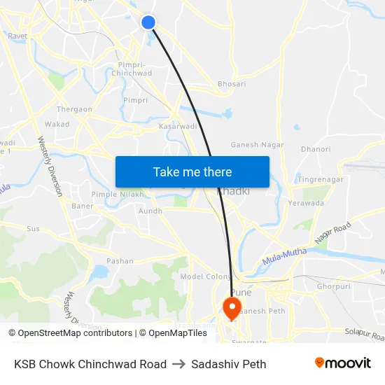 KSB Chowk Chinchwad Road to Sadashiv Peth map