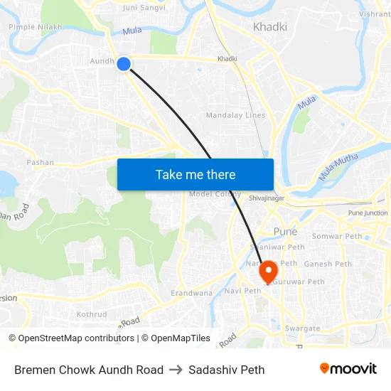 Bremen Chowk Aundh Road to Sadashiv Peth map