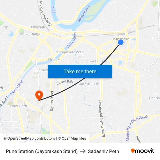 Pune Station Jayprakash Stand to Sadashiv Peth map