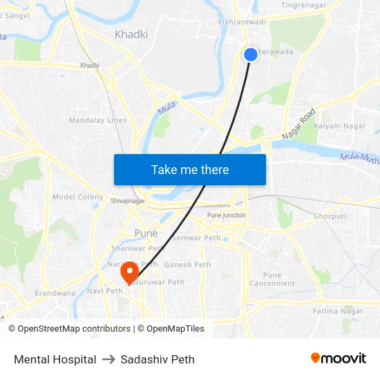 Mental Hospital to Sadashiv Peth map