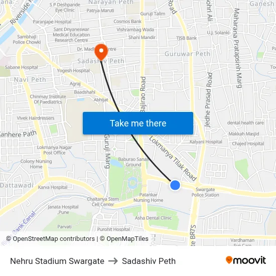 Nehru Stadium Swargate to Sadashiv Peth map