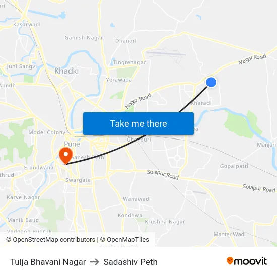 Tulja Bhavani Nagar to Sadashiv Peth map