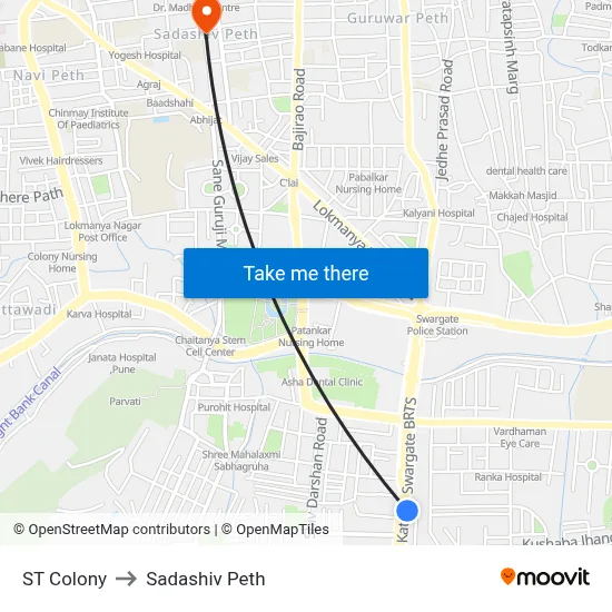 ST Colony to Sadashiv Peth map