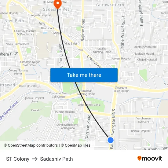 ST Colony to Sadashiv Peth map
